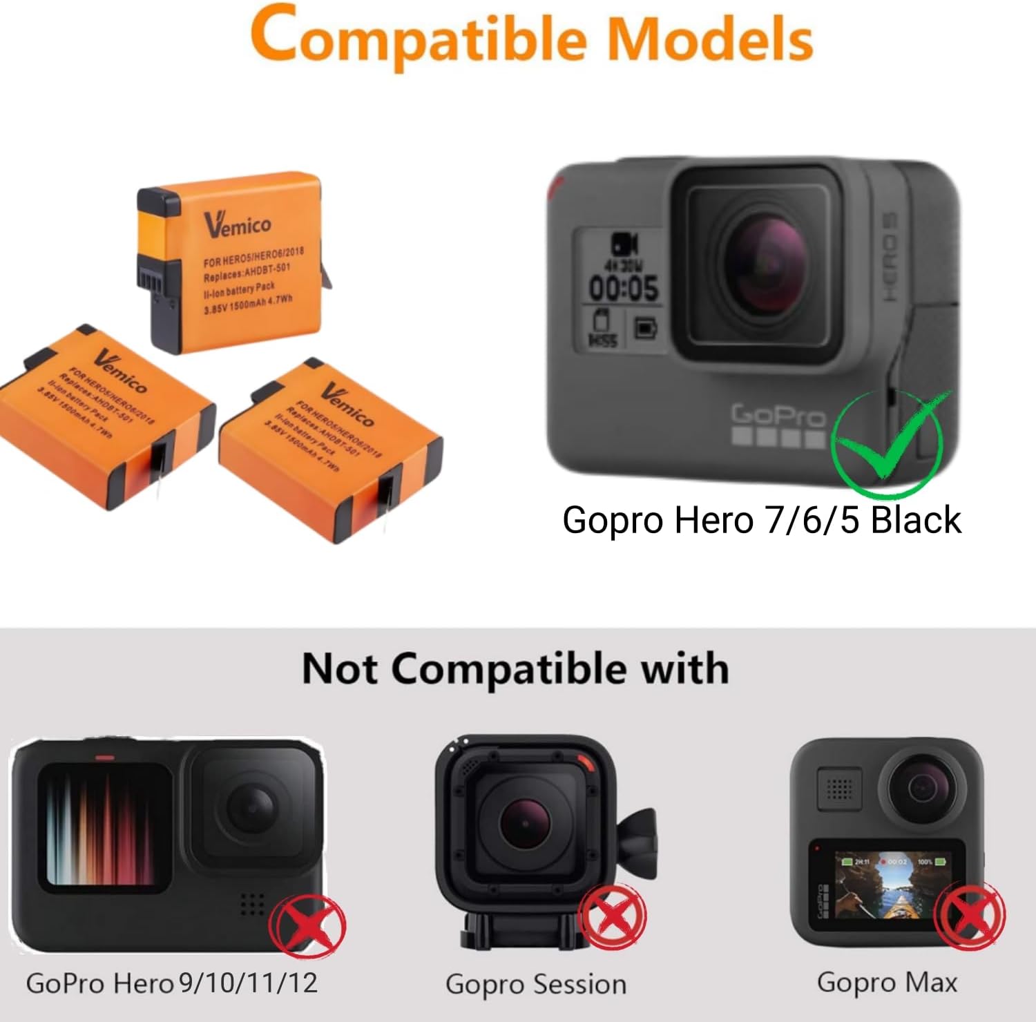 Vemico Hero 7 – Juego de 3 baterías Hero5 de 1500 mAh con cargador LED tipo C AHDBT-501 batería para GoPro Hero 7 Negro, Hero 6, Hero 5, Hero 2018