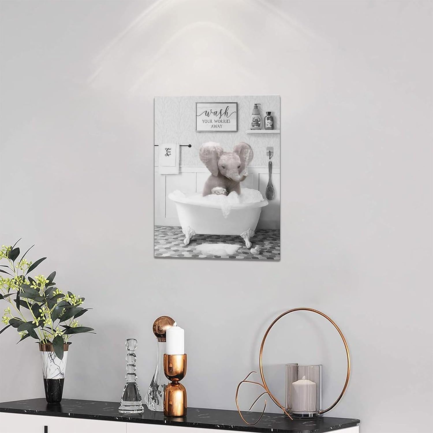 Divertido arte de pared de elefante para baño, fotos de elefante para bañera, decoración de pared de animales en blanco y negro, letrero de baño,