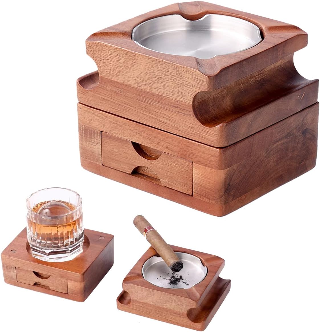 Cenicero de cigarros de regalo Cenicero de madera con bandeja de vidrio para whisky, bandeja de ceniza de madera, forro interior de acero inoxidable