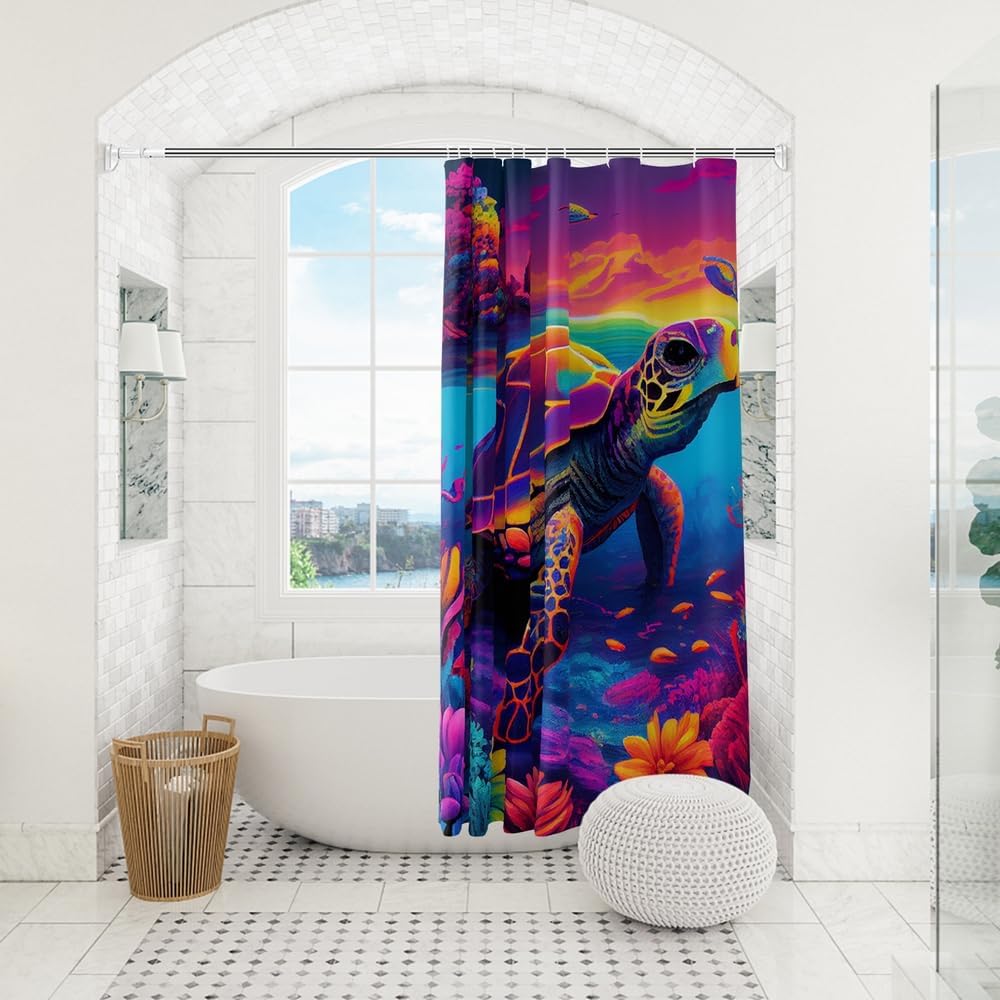 Juego de cortinas de ducha de tela con temática náutica de tortugas marinas y océano, decoración de baño con ojales y ganchos, 72 x 72 pulgadas
