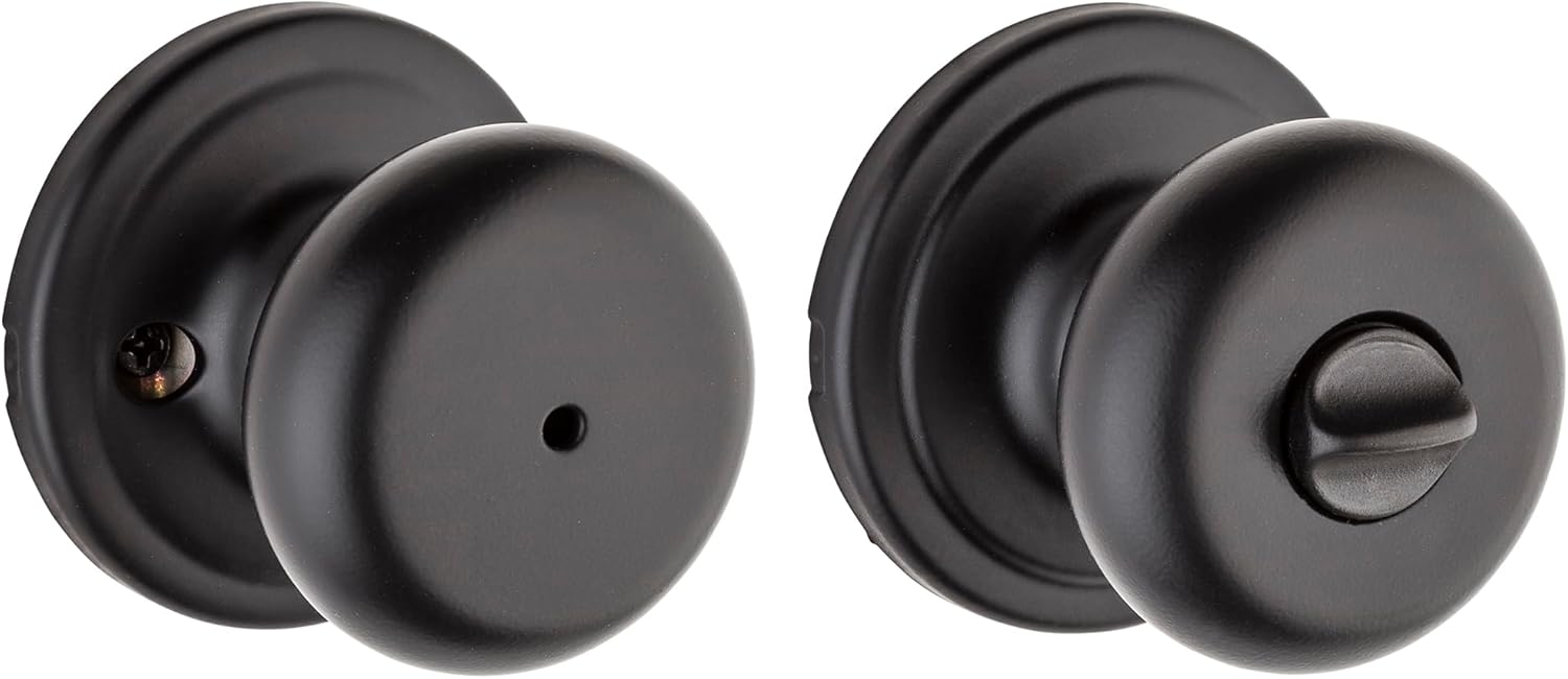 Kwikset Hancock – Pomo de puerta de privacidad interior con cerradura, manija de puerta para baño y dormitorio, pomo negro mate con cerradura