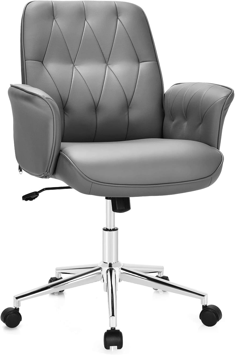 Giantex Silla de escritorio de oficina moderna, silla de acento ajustable de piel sintética con ruedas, silla de escritorio giratoria, silla de