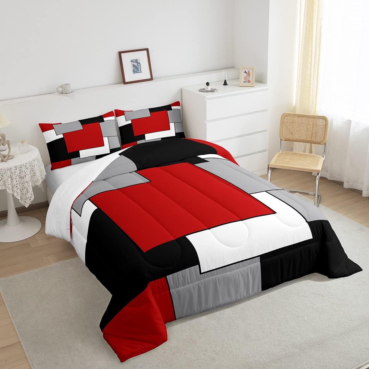 Erosebridal Juego de edredón para mujeres y hombres, juego de ropa de cama cuadrado moderno 3D tamaño matrimonial, juego de edredón geométrico,
