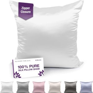 Mulberry Park Funda de almohada 100% seda, 22 momme, seda de morera de grado 6A, cierre de cremallera oculto con borde de cuchillo, funda blancaeuro Mulberry Park Funda de almohada 100% seda, 22 momme, seda de morera de grado 6A, cierre de cremallera oculto con borde de cuchillo, funda blancaeuro