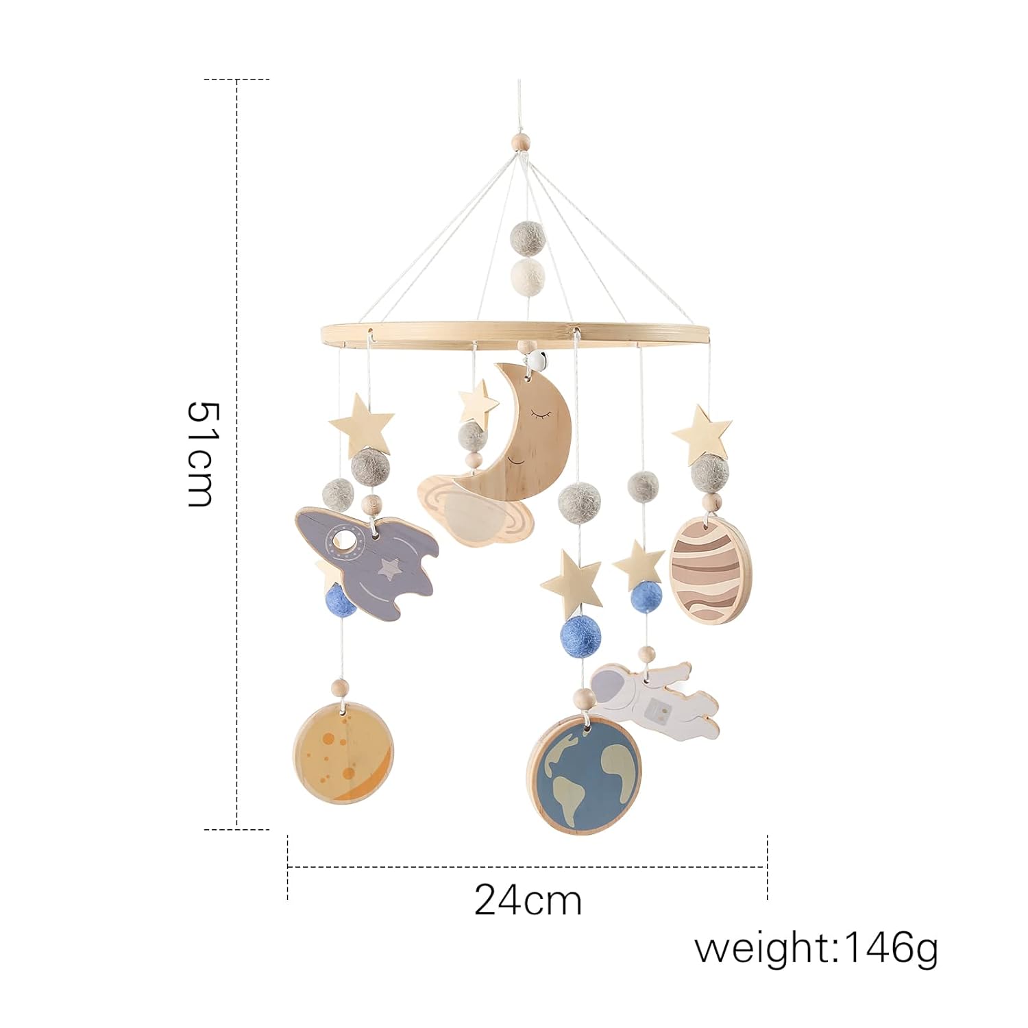 Campana móvil de madera para cuna de bebé, campanilla de viento neutra, móvil de bebé para cuna, móvil de bebé hecho a mano, techo de bebé espacial,