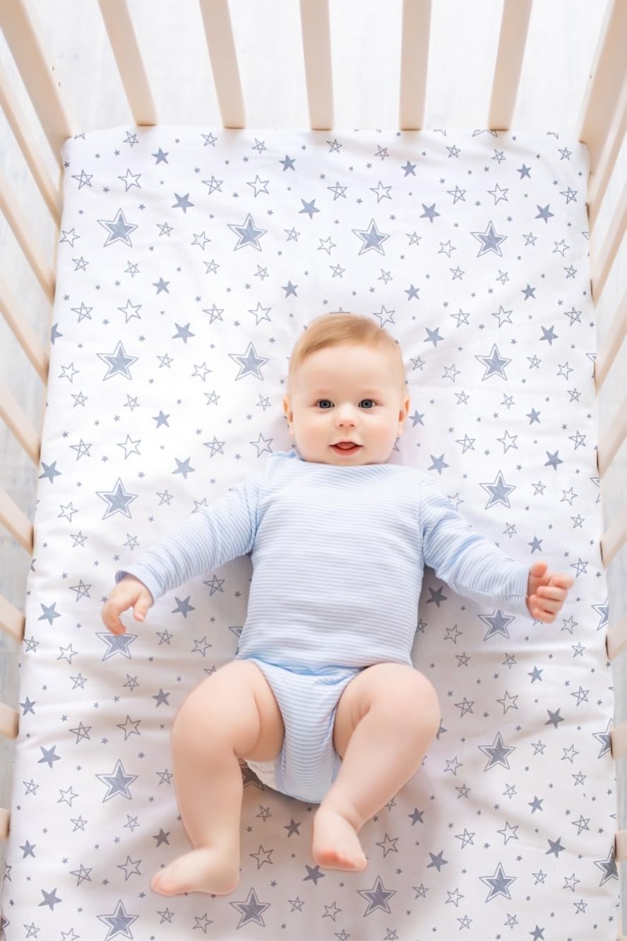 Juego de 4 sábanas bajeras unisex de estrellas y luna para bebés, niños o niñas (sábanas para cuna)