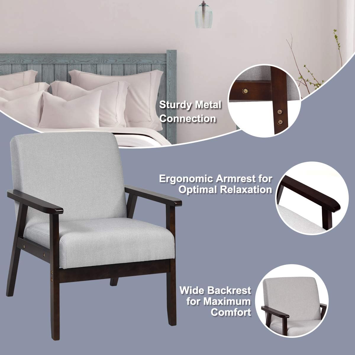 Giantex Silla decorativa moderna Mid-Century, sillón de tela retro, hecho de madera maciza, sillón tapizado de lino para sala de estar (1, gris