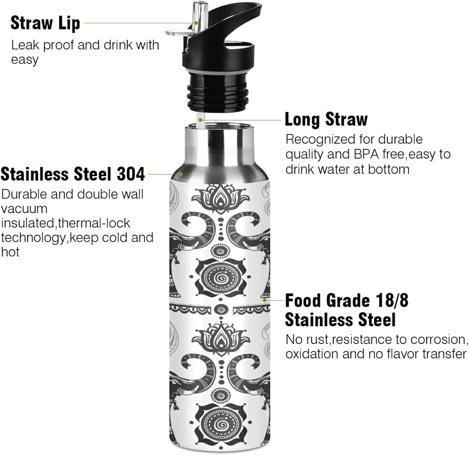 senya Botella de agua de acero inoxidable 0014 con tapa con pajilla, termo para niños, termo de elefante indio de cachemira para deportes, oficina,