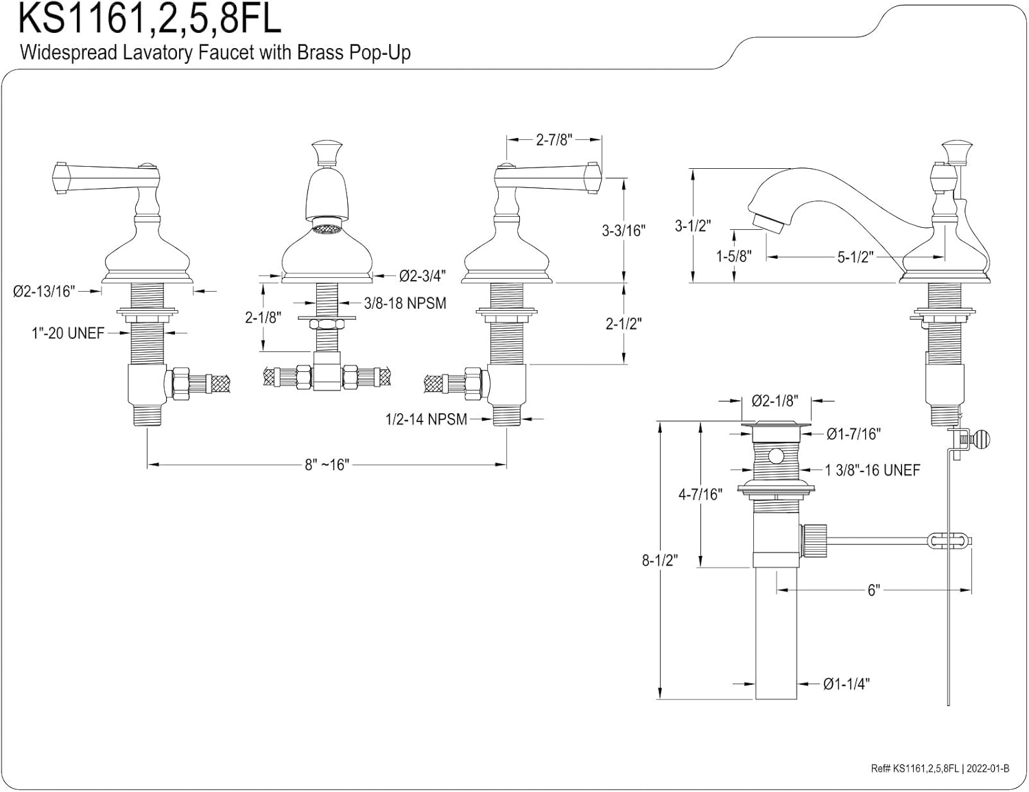 Kingston Brass KS1162FL Royale – Grifo de lavabo generalizado, latón pulido, centro ajustable de 8 pulgadas