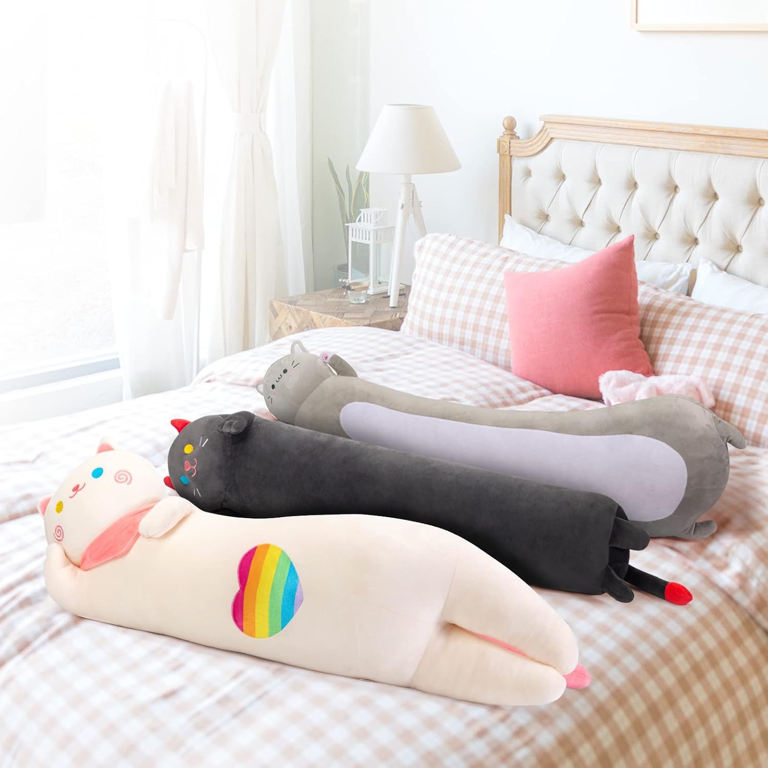 Almohada larga de felpa con forma de gato, 36 pulgadas, lindo gato negro de peluche kawaii, peluche suave, almohada de peluche de gatito, juguete de