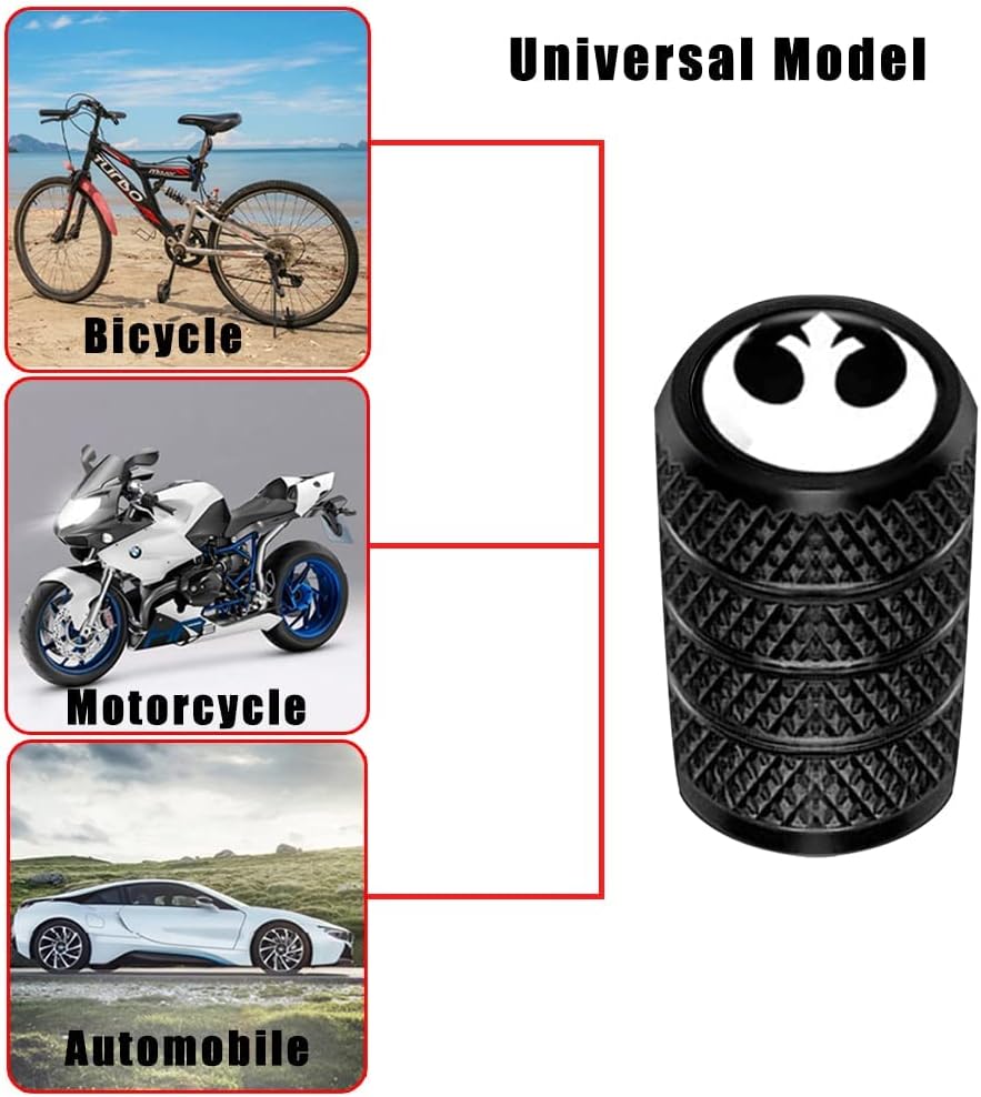 4 tapas de válvula de automóvil de Star War, cubierta de válvula de neumático de metal, color negro, resistente a la corrosión, universal para