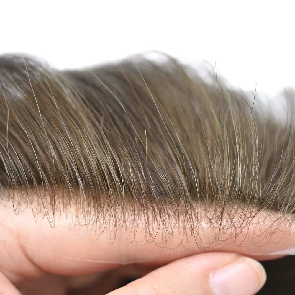 Healthlif Pieza de cabello humano tipo tupé para hombre, con bucle en V, ultra fino, para hombres, sistema de cabello, extensiones para hombres,