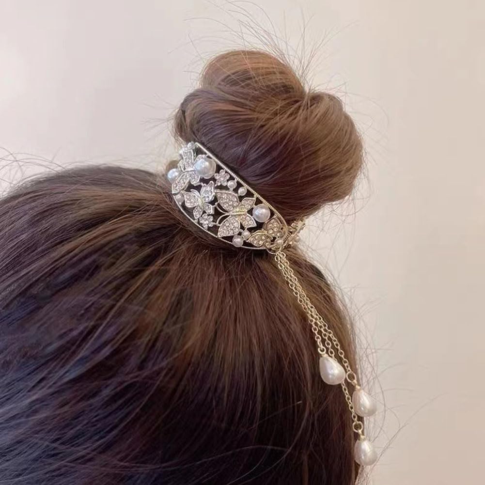 2 pinzas para el pelo con perlas de diamantes de imitación, mariposa alta cola de caballo fija, decoración de borla para novia, boda, fiesta, baile