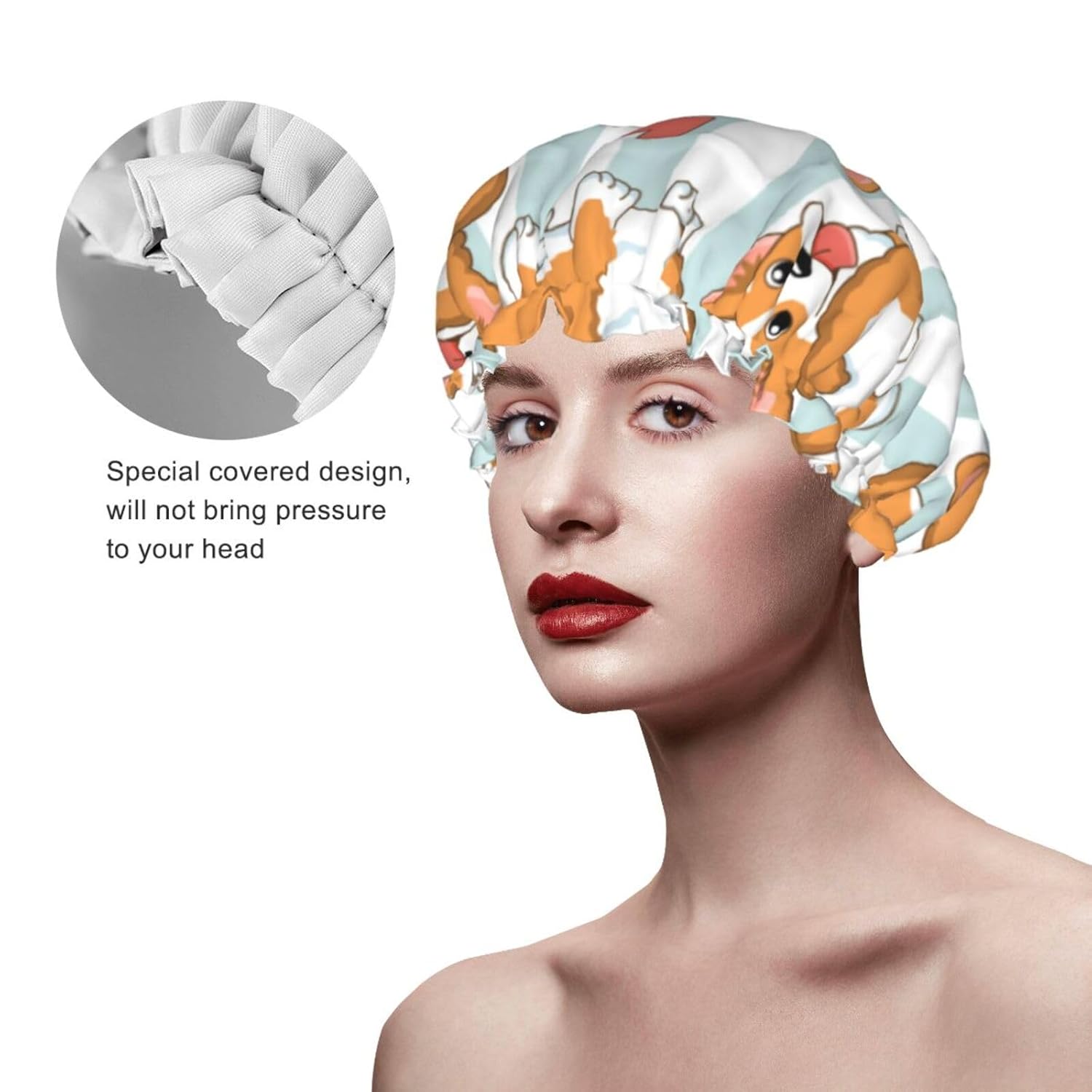 Gorro de ducha de lujo para mujer, diseño de caricaturas, encantadores, perros corgi y corazones, impermeable, reutilizable, doble capa para cabello