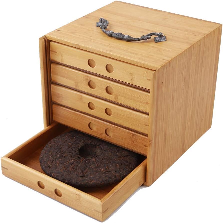 Caja de té de bambú natural de 5 capas, organizadores de té de madera y almacenamiento, gran baúl de té de madera con cajón deslizante para té Pu’er