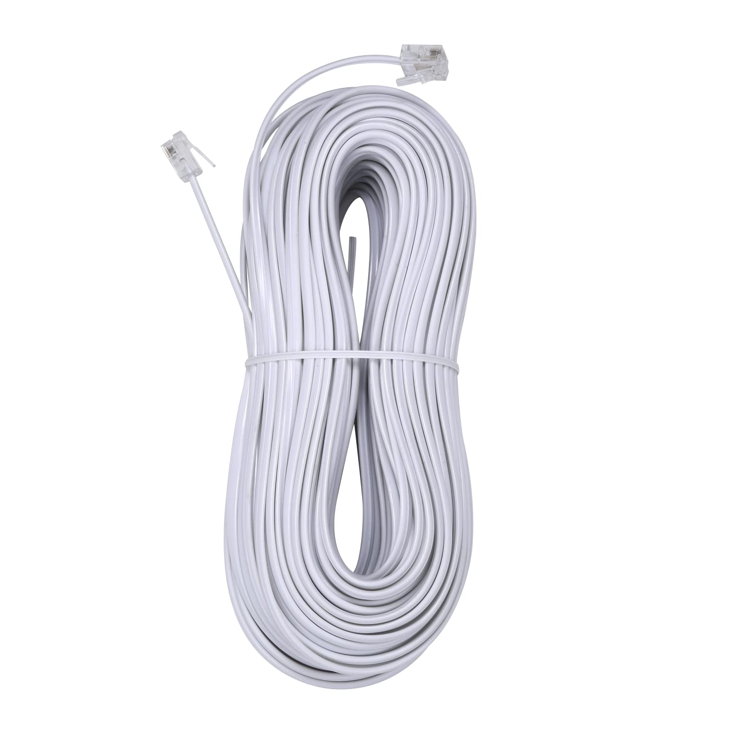 Cable de extensión de teléfono de 100 pies de largo, con enchufe RJ11 estándar y 1 acoplador en línea y 35 soportes de clip para cables, color blanco
