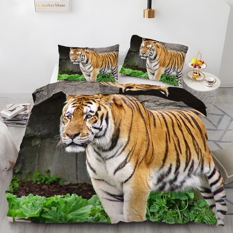 Brown Animal California King Duvet Cover Tiger Print Bedding Soft Microfiber Comforter Cover and 2 Pillow Shams 20″X36″, Bed Set Duvet Covers with
