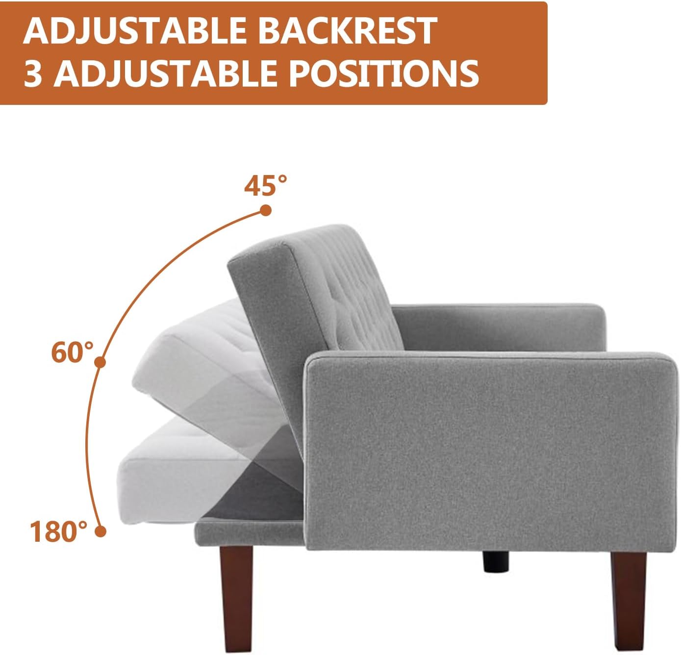 Sofá cama convertible de mediados de siglo con respaldo copetudo gris con patas de madera cónicas para sala de estar, apartamento, sala de estar