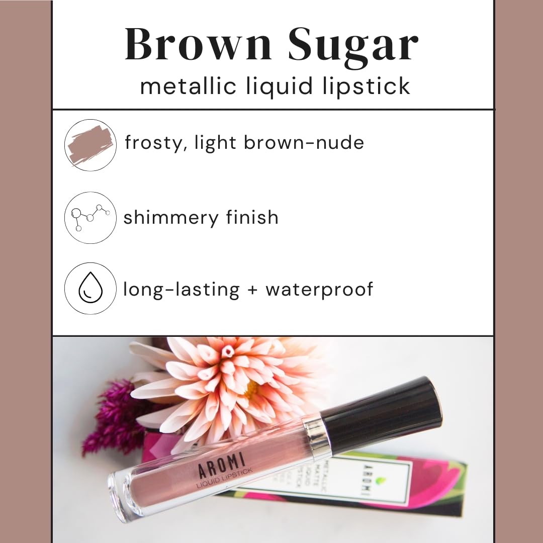 Aromi Lápiz labial líquido metálico, a prueba de manchas y manchas, de larga duración, marrón claro, color de labios nude con acabado brillante,