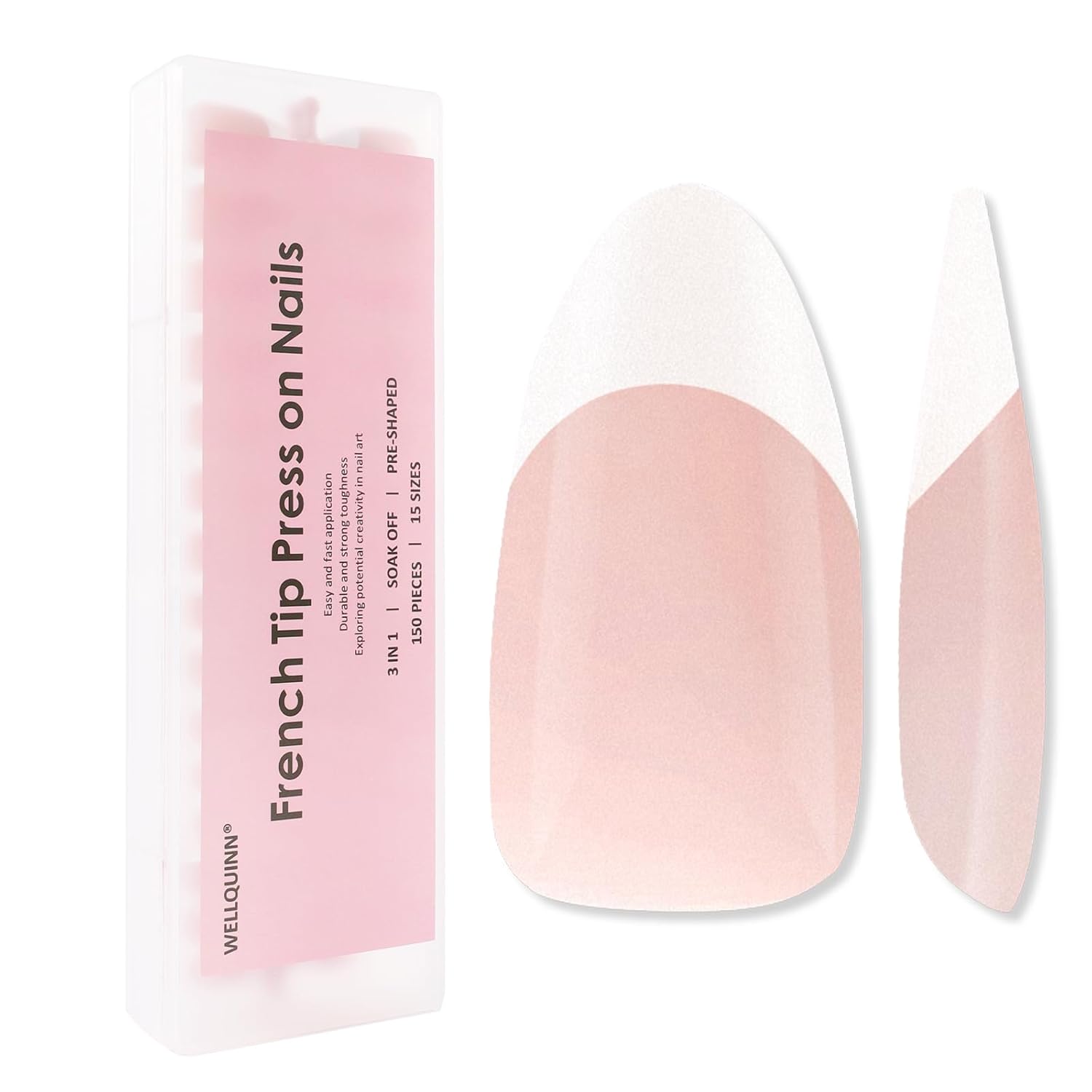 Wellquinn Uñas postizas a presión de punta francesa, puntas de uñas de gel suave de almendra, uñas postizas cortas de bailarina francesa desnuda,