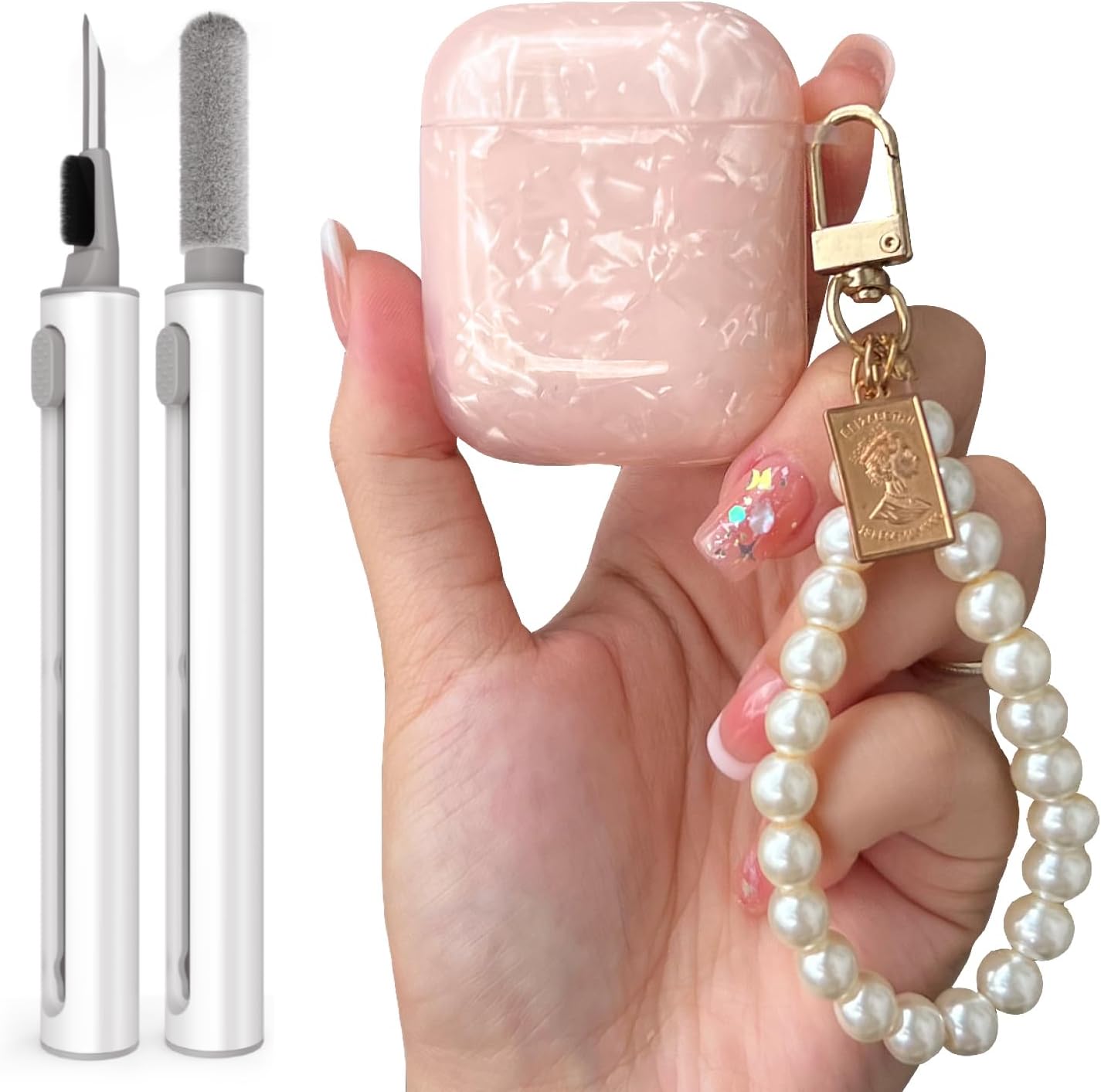 Funda de lujo con llavero de perlas para Airpods 21 con kit de limpieza, bonita funda protectora de TPU con purpurina para niñas y mujeres,