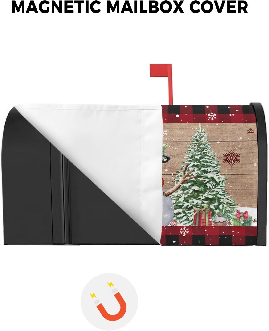 Funda magnética de Navidad para buzón de 21 x 25.5 pulgadas, sombrero de búfalo a cuadros, muñeco de nieve, árbol de Navidad en tablero de madera