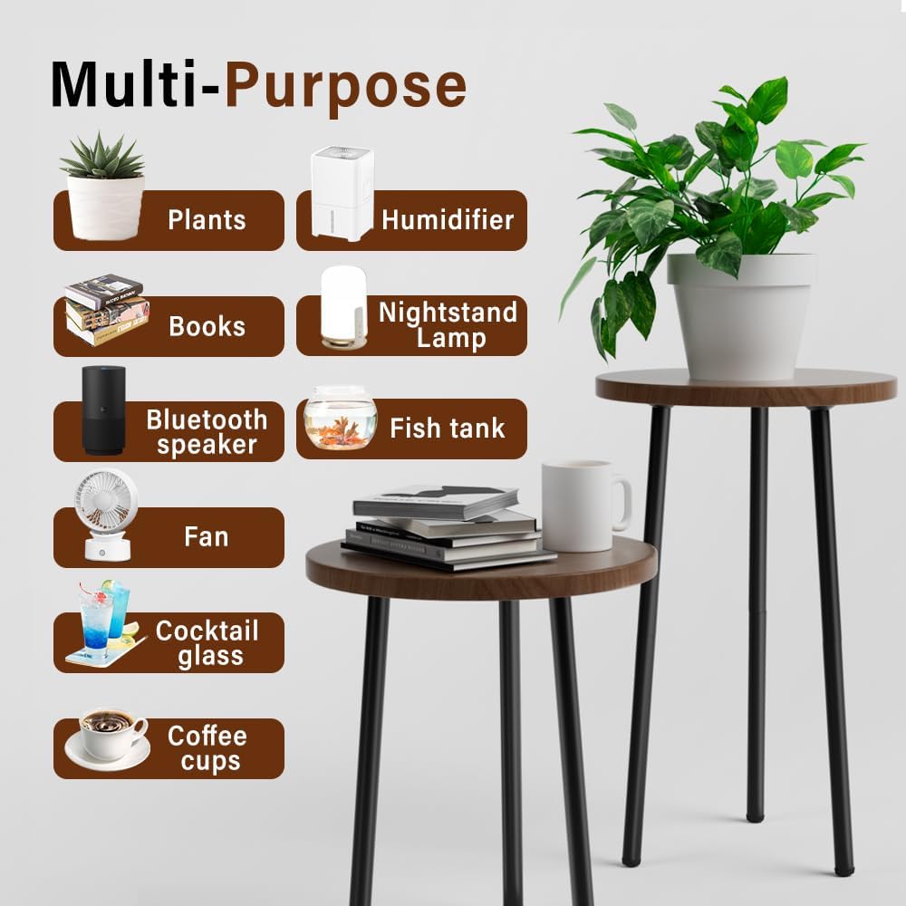 Paquete de 2 soportes para plantas, soporte alto de madera de metal para interiores, mesa auxiliar redonda pequeña junto al sofá, estantes de