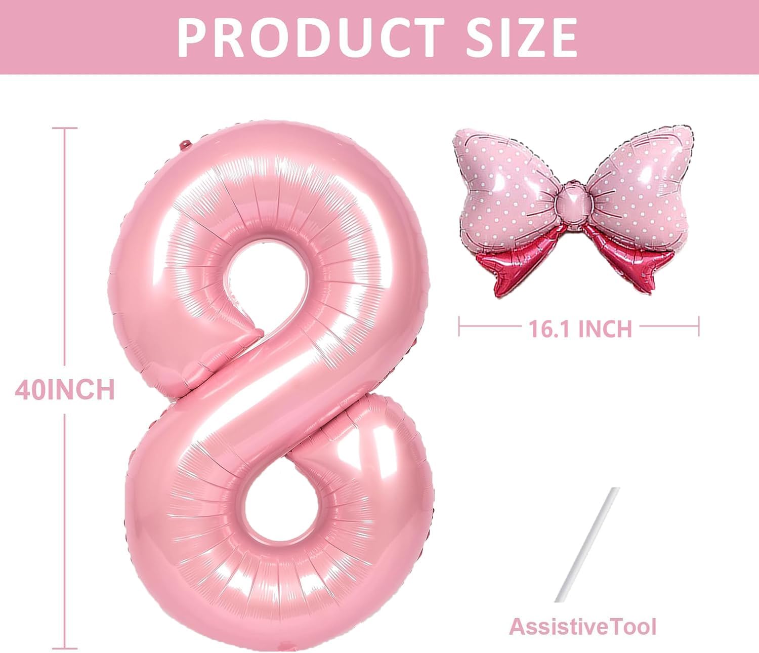 Globo rosa del número 8 de 40 pulgadas, globos rosados con el número 8 decorados, decoraciones de cumpleaños número 8 para niños, suministros de