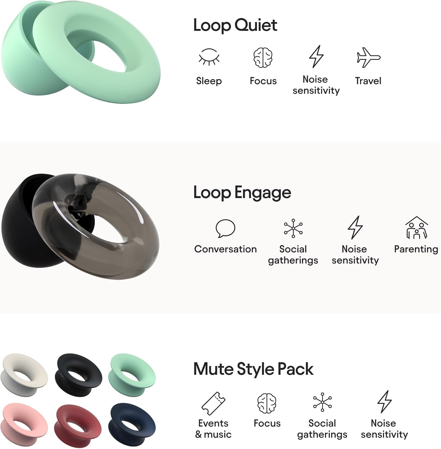 Loop Paquete de 2 tapones para los oídos (2 unidades) + Loop Mute – Loop Quiet + Loop Engage  Tapones para los oídos para dormir, concentrarse,