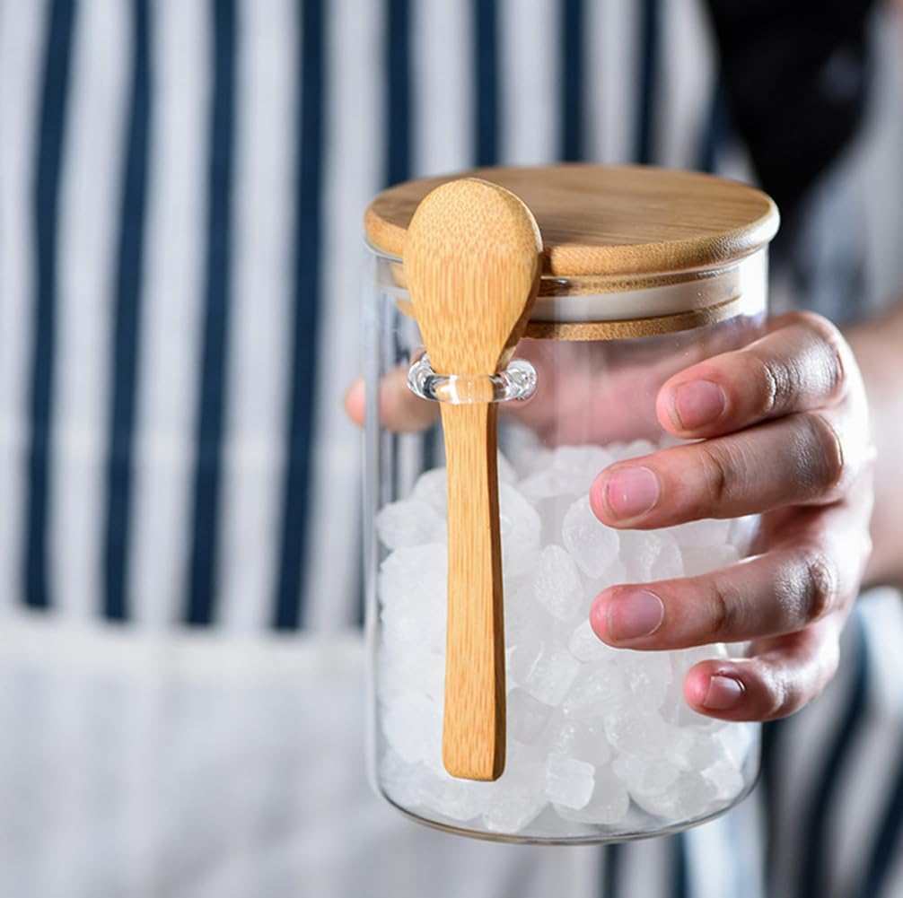 Recipiente de vidrio para azúcar, tarro de vidrio transparente de 15 onzas con tapa de bambú y cuchara, contenedor de almacenamiento de alimentos,