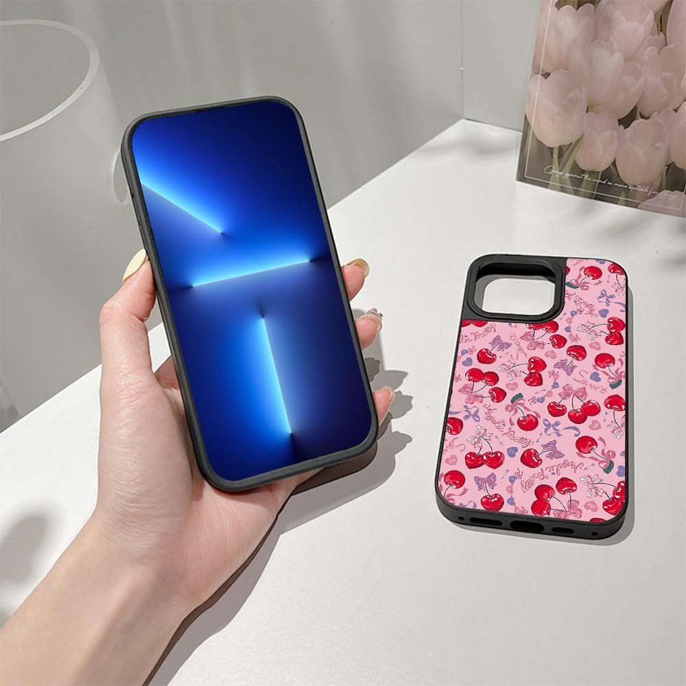 Bow – Funda protectora para iPhone 15 14 13 12 11 Pro Max Plus Mini XR X XS 7 8 SE, diseño de cinta de cereza rosa coqueta absorbente de golpes para