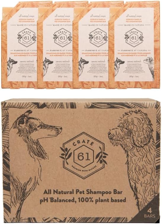 Caja 61 sin perfume, paquete de 4, barra de champú para perros de proceso frío totalmente natural. pH equilibrado, 100% a base de plantas. Sin