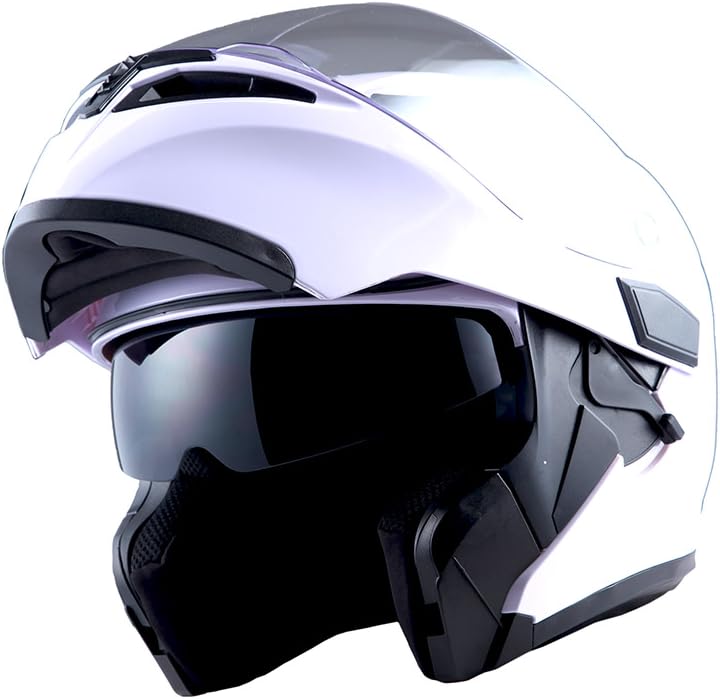 Casco modular de cara completa 1Storm para motocicleta, con doble visera abatible, protector solar HB89 Negro brillante, L, Blanco brillante