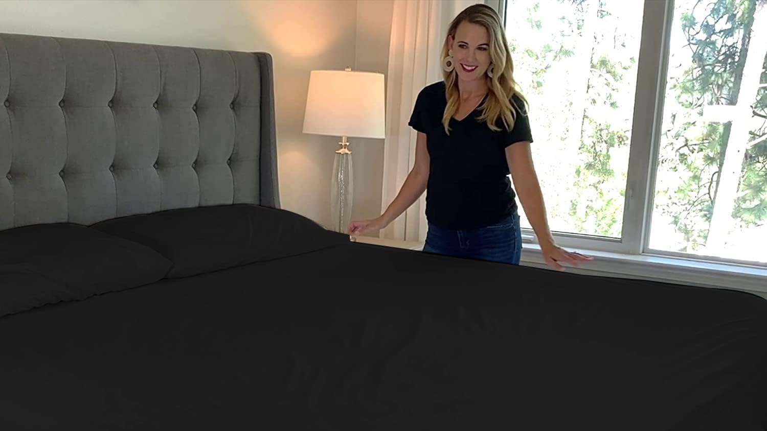 Superity Linen Sábana bajera ajustable de algodón que absorbe la humedad para un sueño transpirable, seco y cómodo. 200 hilos (negro)