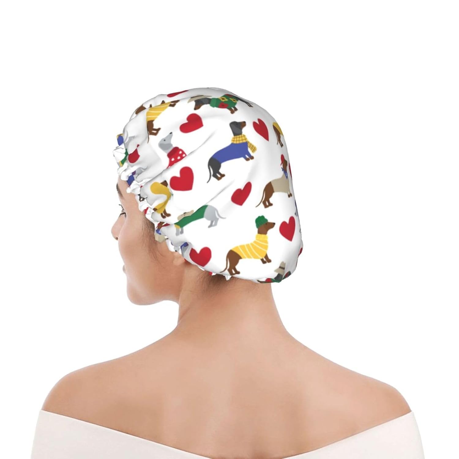 Lovely Dachshund Dog Shower Cap For Women Adjustable Double Waterproof Layers Bathing Shower Hat Hair Protection Reusable Ladies Spa Salon Shower Hat