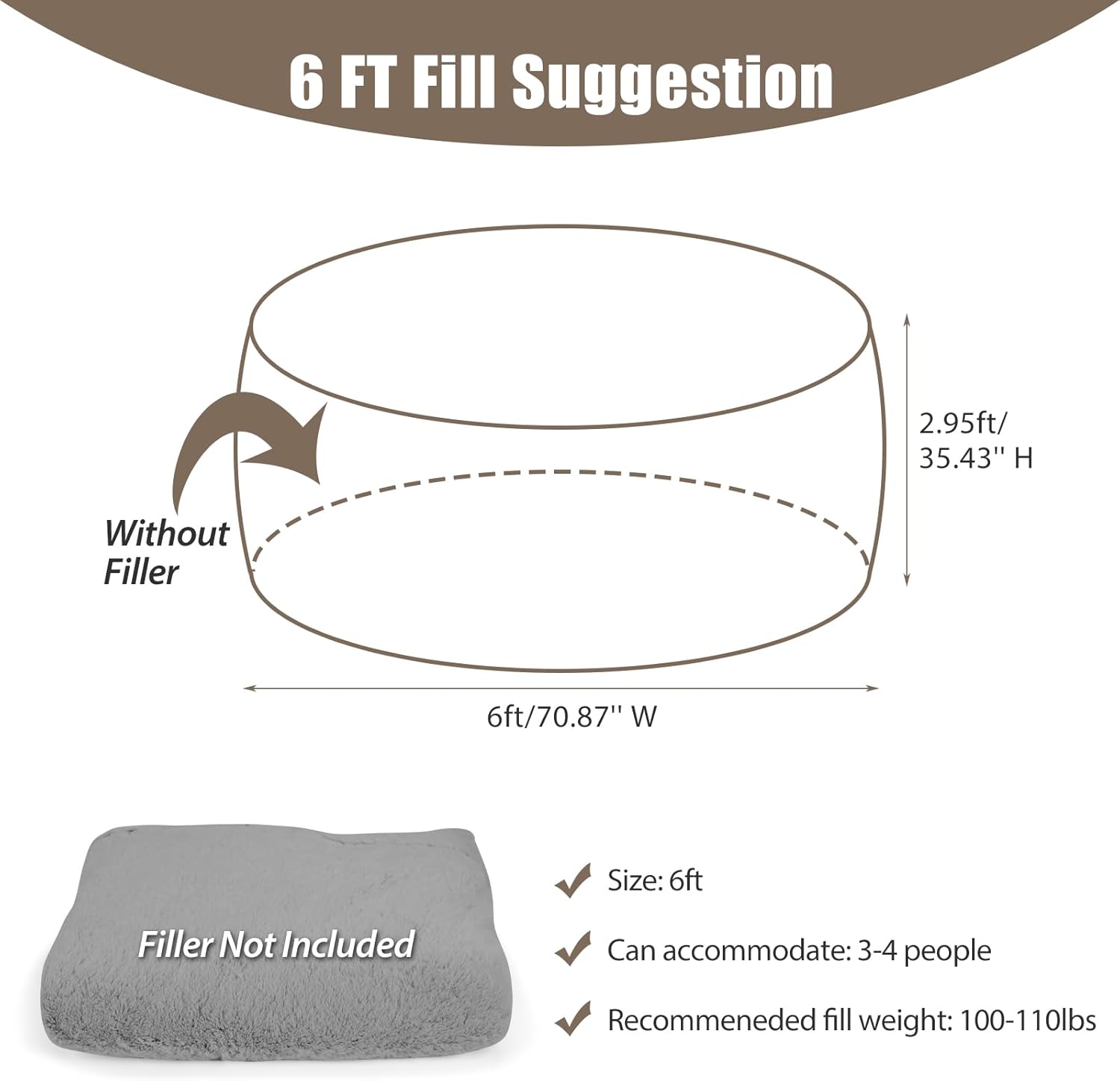 Funda para puf (solo funda, sin relleno), funda para cama de puf gigante de 6 pies para adultos, grande, redondo, suave, esponjoso, de terciopelo,