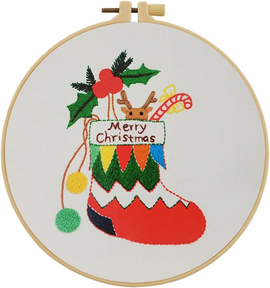 Esffaci Kit de iniciación de bordado para adultos principiantes con patrón de calcetín de Navidad estampado de punto de cruz con tela de bordado,
