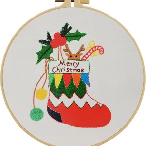 Esffaci Kit de iniciación de bordado para adultos principiantes con patrón de calcetín de Navidad estampado de punto de cruz con tela de bordado, Esffaci Kit de iniciación de bordado para adultos principiantes con patrón de calcetín de Navidad estampado de punto de cruz con tela de bordado,