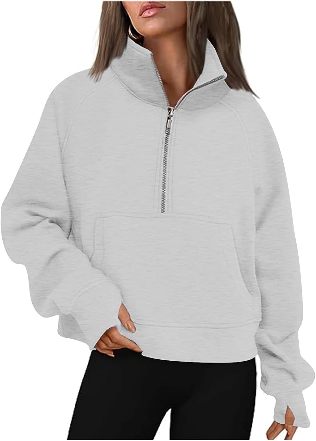 Ssuyeuri Sudadera con cremallera de un cuarto para mujer, sudadera con bolsillo, Y2K media cremallera, ropa de invierno de forro polar 2023