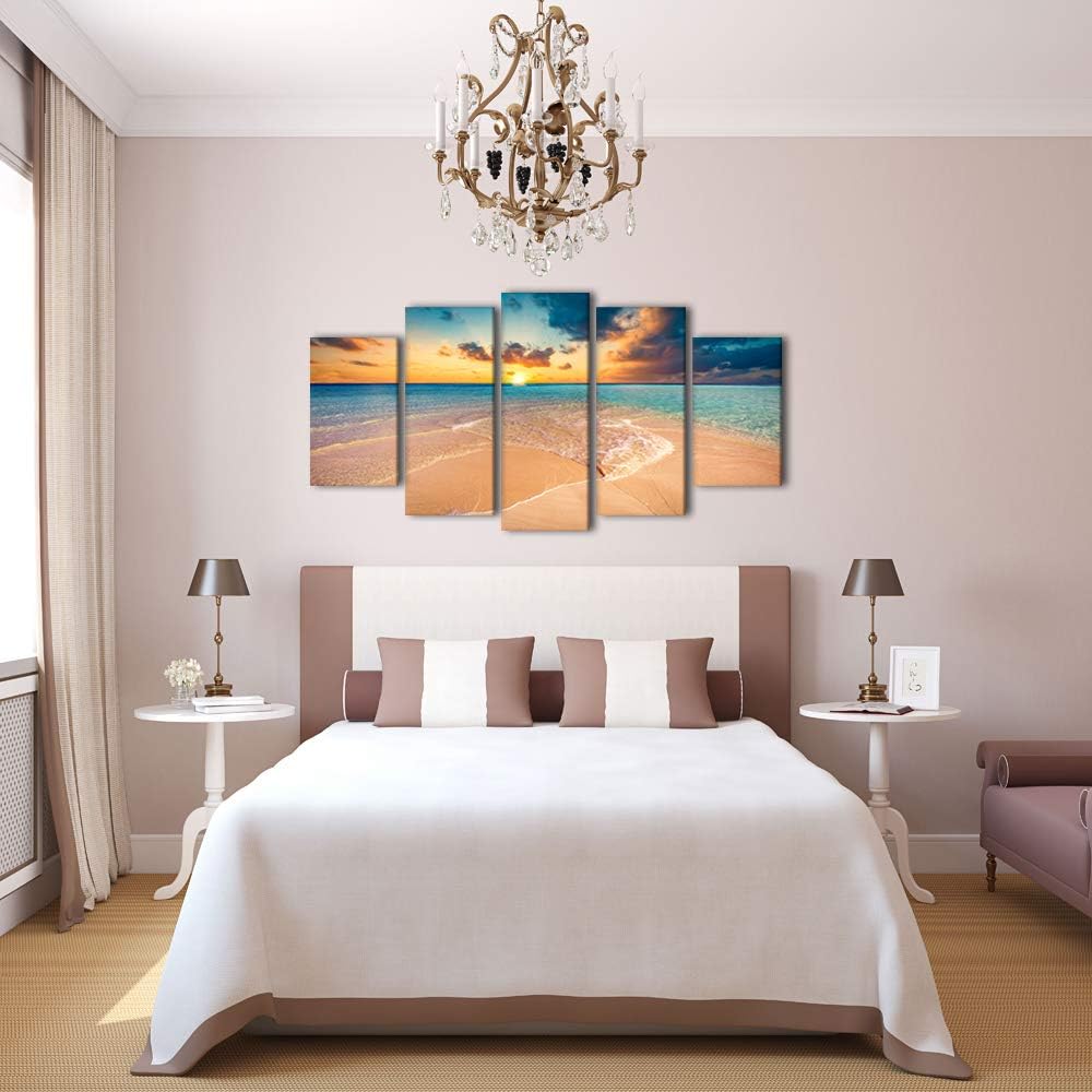 iKNOW FOTO Impresiones en lienzo divididas de 5 paneles grandes, playa tropical con arena blanca y turquesa transparente, arte de pared del océano,
