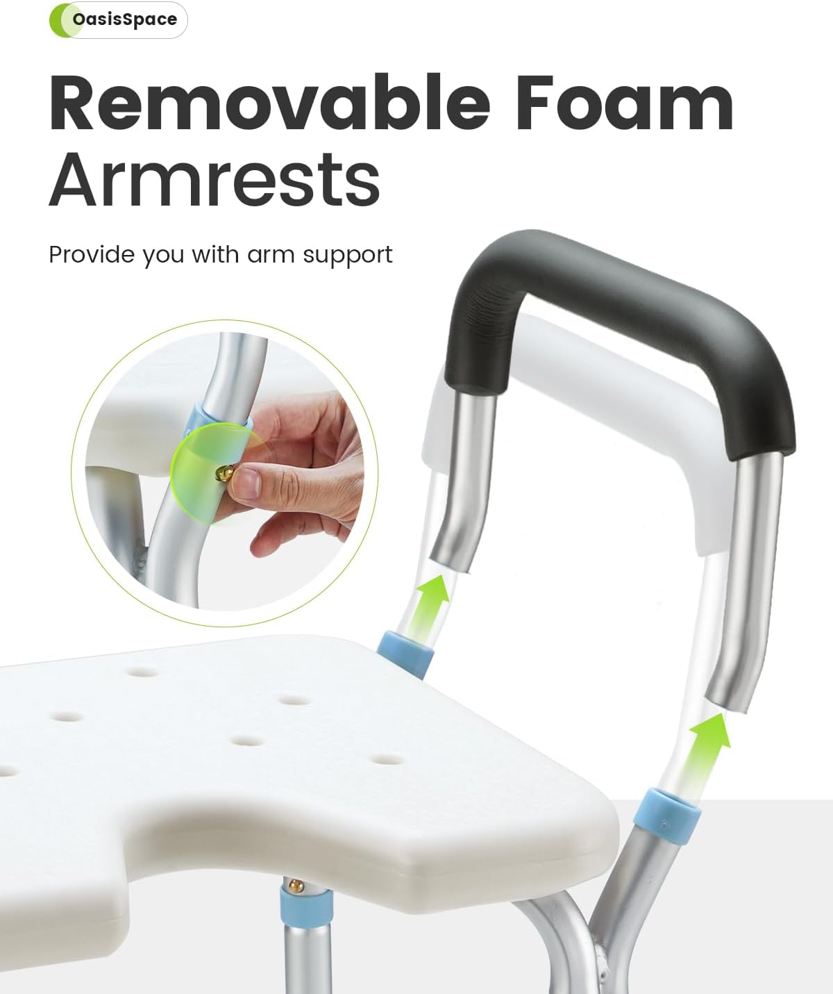 OasisSpace Silla de ducha ajustable con brazos para ducha interior, banco de ducha resistente con asiento recortado de 300 libras, taburete de