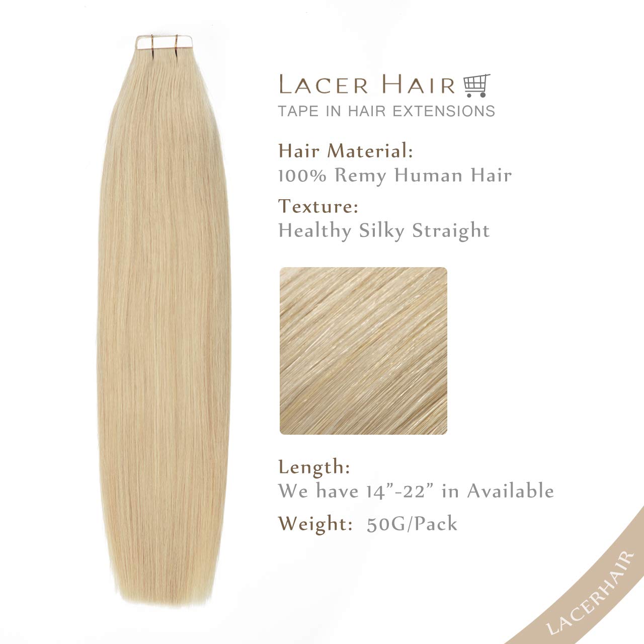 Lacer Extensiones de cabello humano Remi Remy con cinta adhesiva en trama de piel, sin costuras, 60A, rubio ceniza platino, 100% real, Remi Remi,
