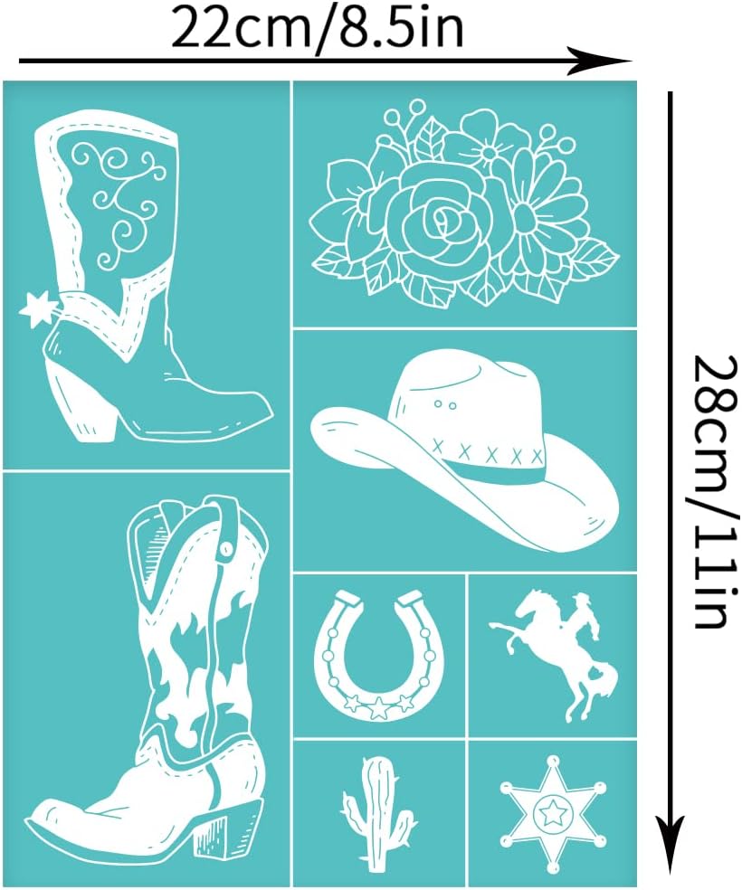 OLYCRAFT 2 plantillas autoadhesivas de serigrafía de 8.6 x 11 pulgadas, botas de vaquero occidental, plantillas de serigrafía, sombrero