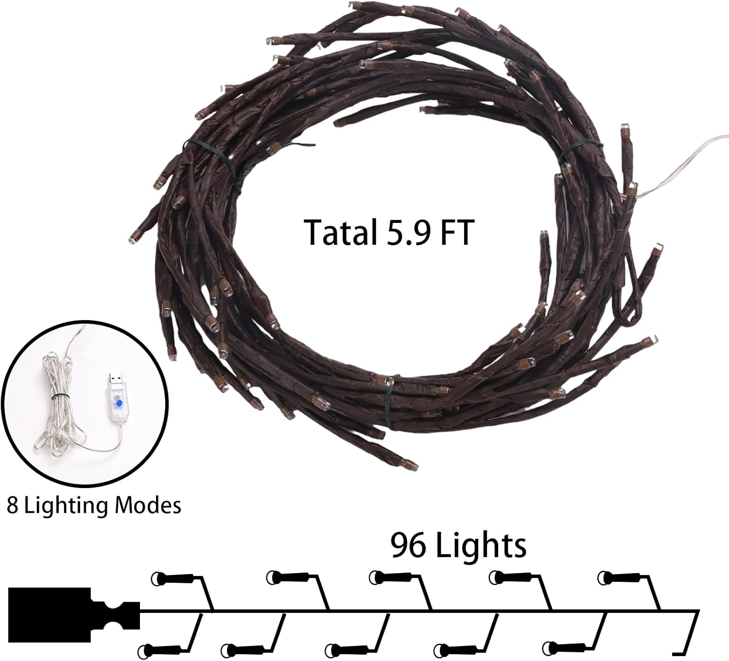 96 luces LED para árbol de pared para interiores, luz de sauce y vid, plantas artificiales, ramas de árbol, 8 modos, 6 pies, flexible, decoración de