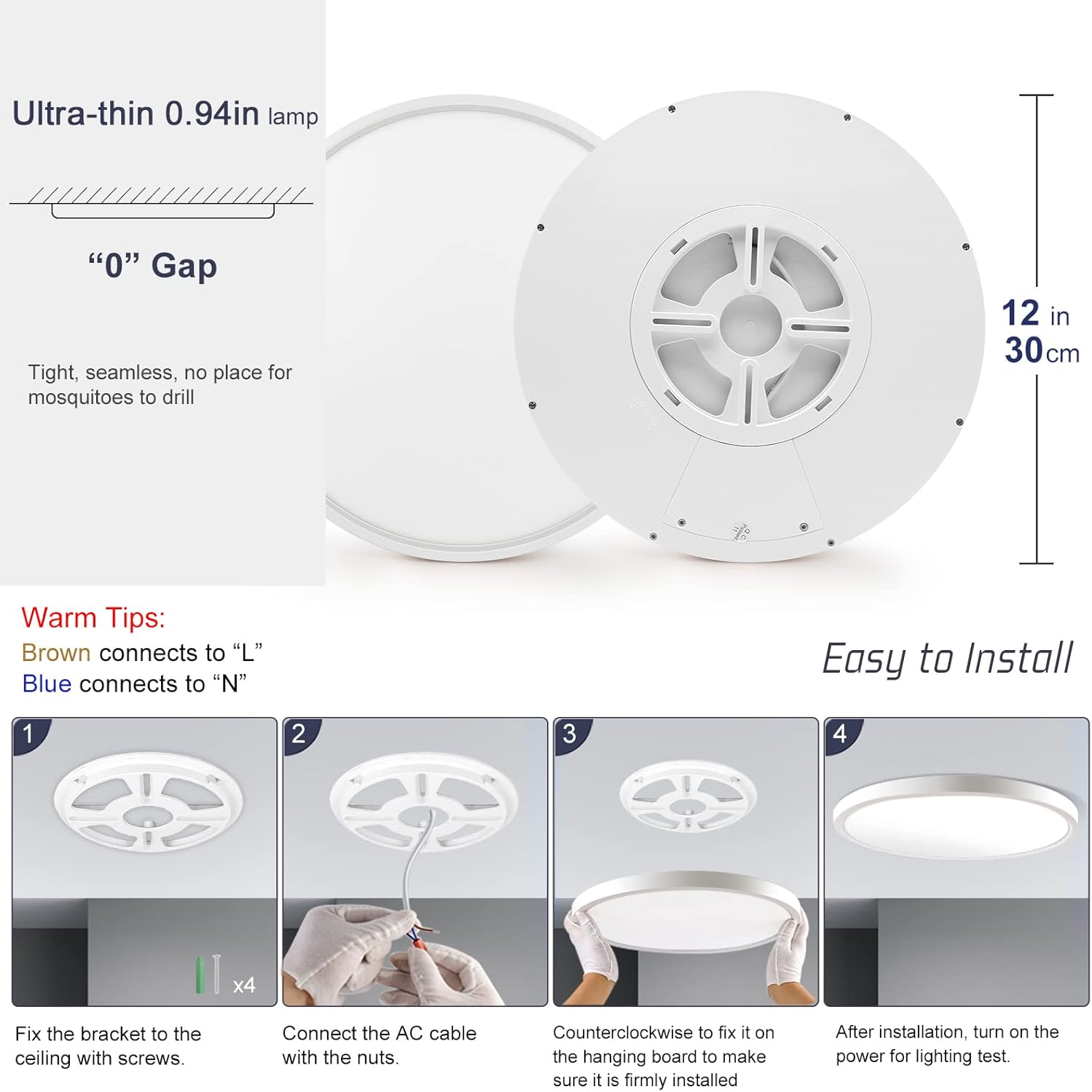 LightingWill Lámpara de techo LED de montaje empotrado de 12 pulgadas, 6000 K blanco frío, 3200 lm, 24 W, lámpara de techo blanca equivalente a 240