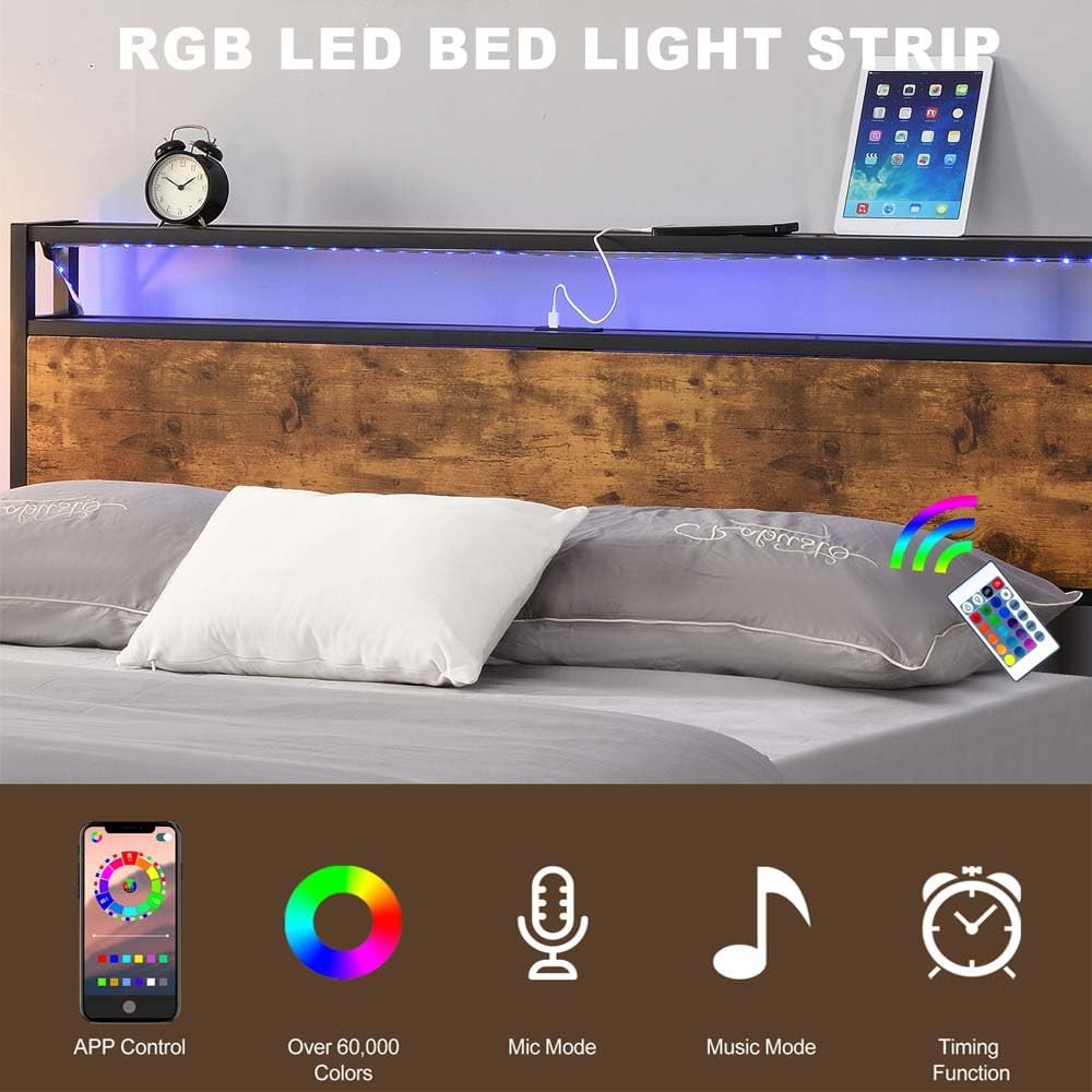 Base de cama de plataforma de metal tamaño Queen con cabecero y estribo de madera con luces USB y LED, no necesita somier, gran almacenamiento