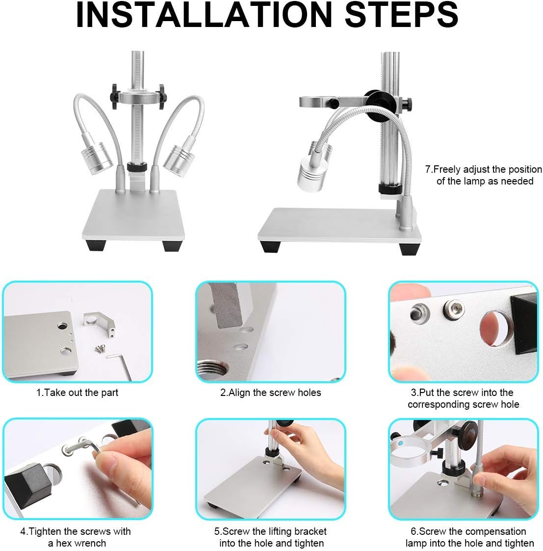 Bysameyee Soporte de aleación de aluminio para cámara de microscopio digital USB, microscopio ajustable universal, soporte de soporte de metal para