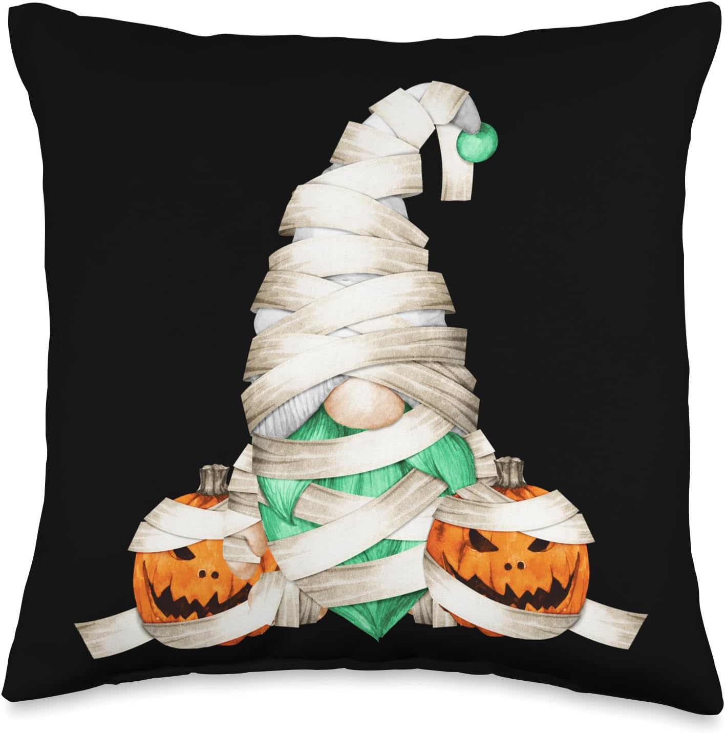 Lindas calabazas envolventes de momia para niños, cojín gráfico de gnomo de Halloween, 16 x 16 pulgadas, multicolor