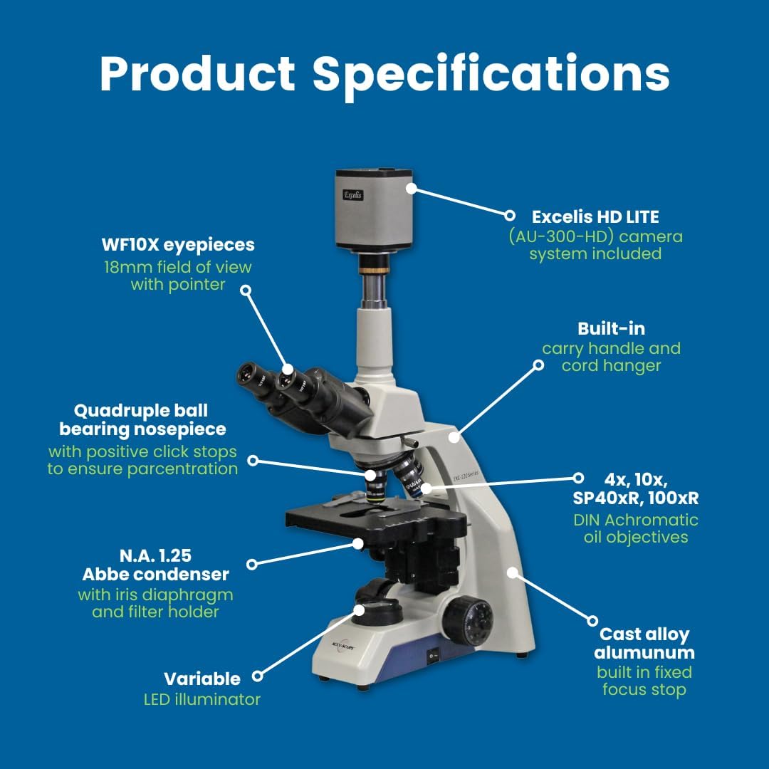 Microscopio digital Accu-Scope con cámara, EXC-123-HD – Cabezal trinocular, aumento 40-1000X – Resolución HD 1080p – Imagen de 5 megapíxeles y