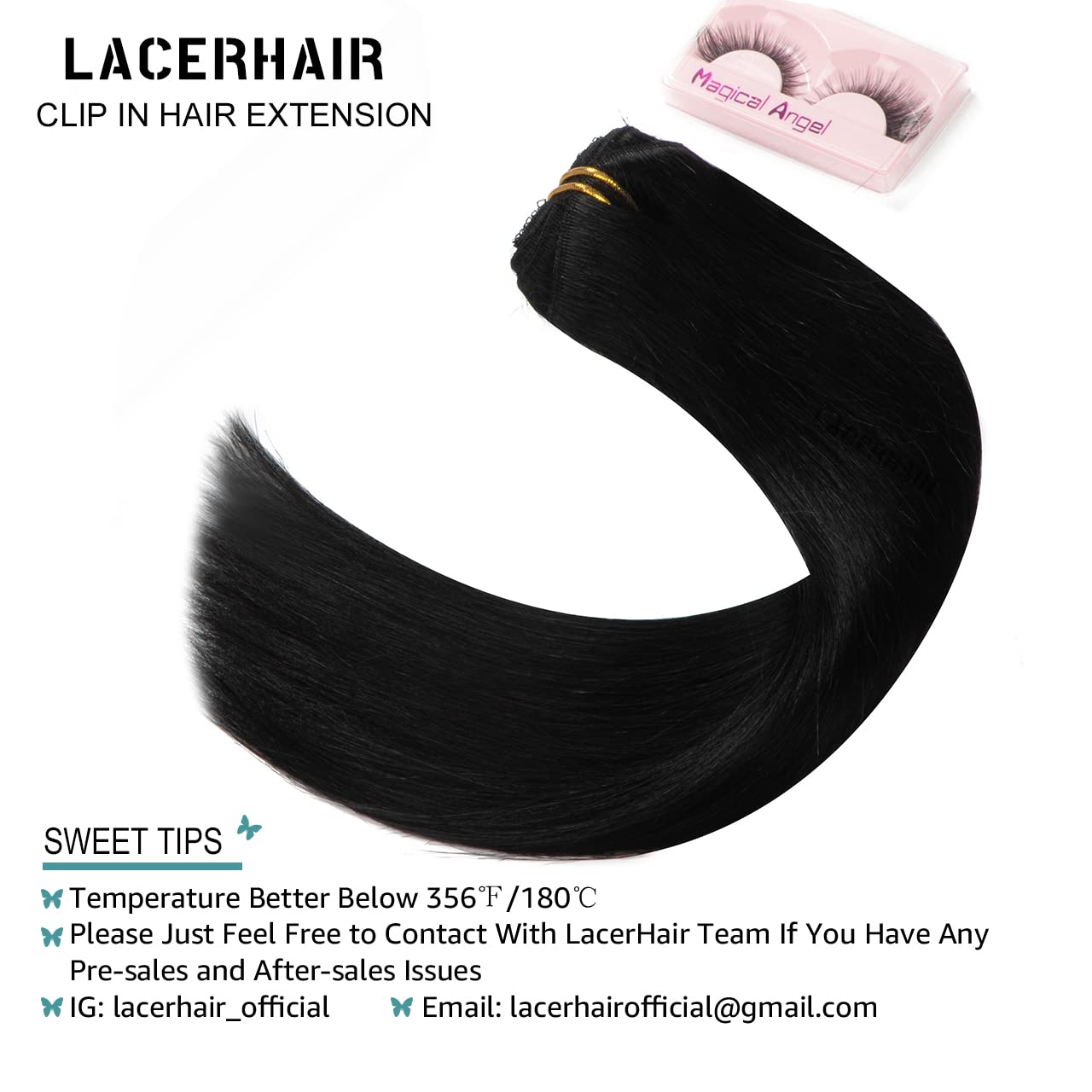Lacer Extensiones de cabello humano con clip, de doble trama, cabello brasileño de cabeza completa, color negro azabache, extensiones de cabello